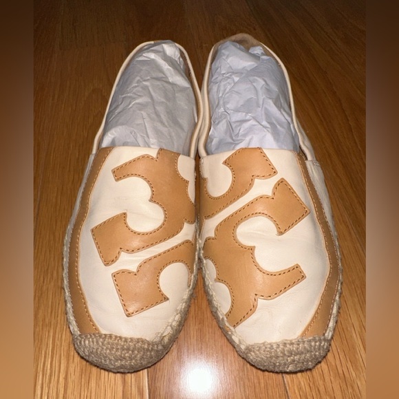 Tory Burch Leather Espadrilles Lonnie Flat Logo Natural Tan Sz 9 - Picture 3 of 9